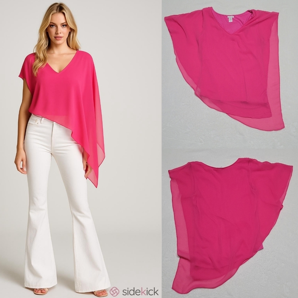 Cache Vintage 90s Fuschia Pink Asymmetric Chiffon Overlay V-neck Capelet Blouse
